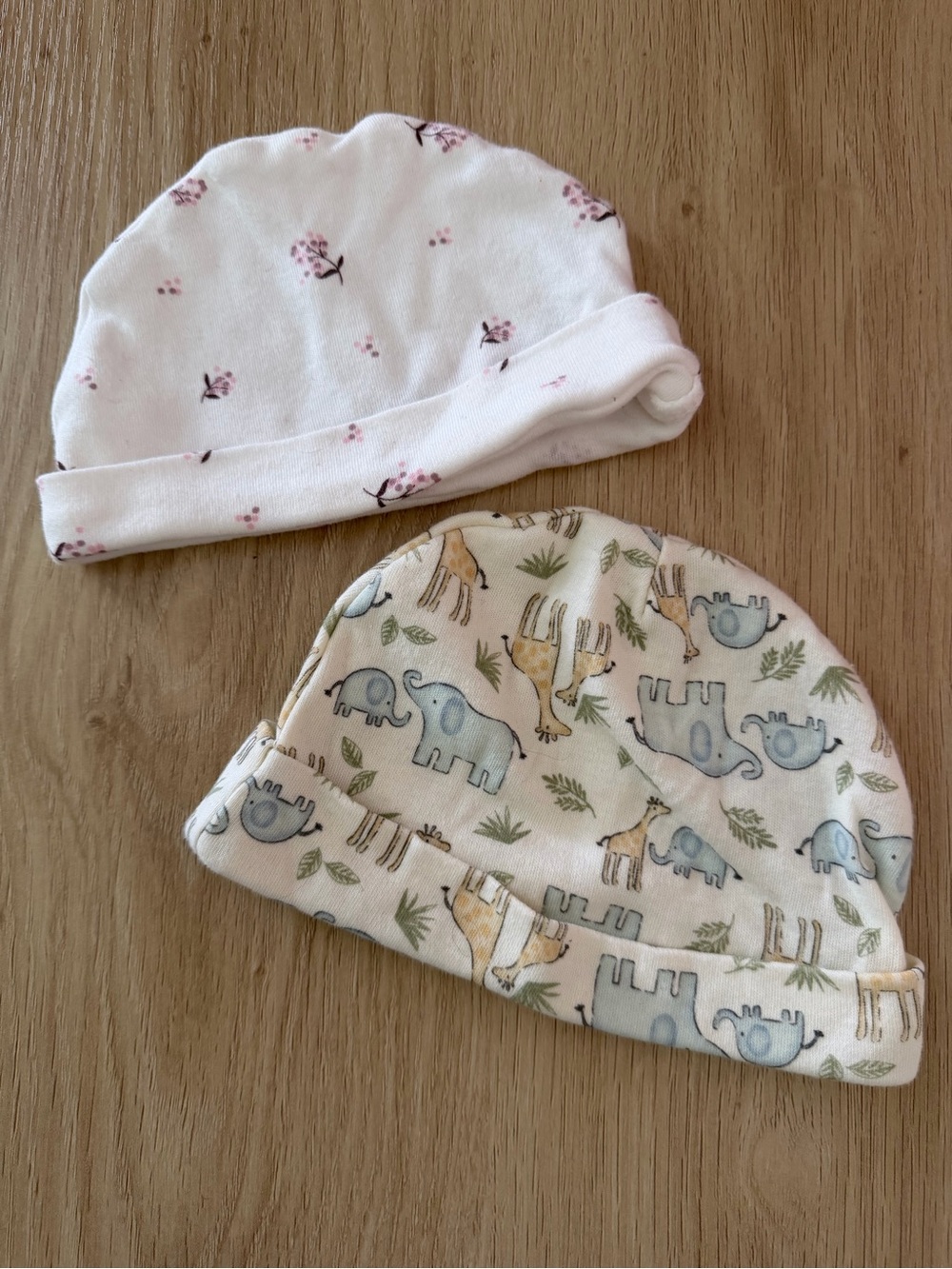 Gymboree Baby Beanie Duo - White with Pink Floral & Cream Safari Print